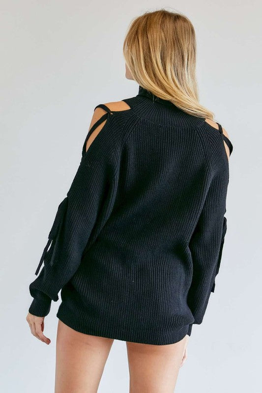 TEEK - Solid Turtleneck Cutout Long Sleeve Sweater