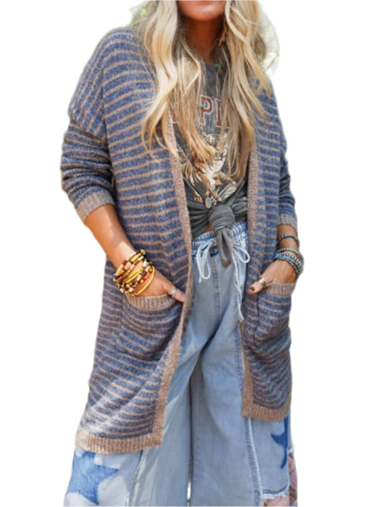 TEEK - Dusty Blue Open Front Long Sleeve Striped Cardigan SWEATER TEEK Trend Dusty Blue S