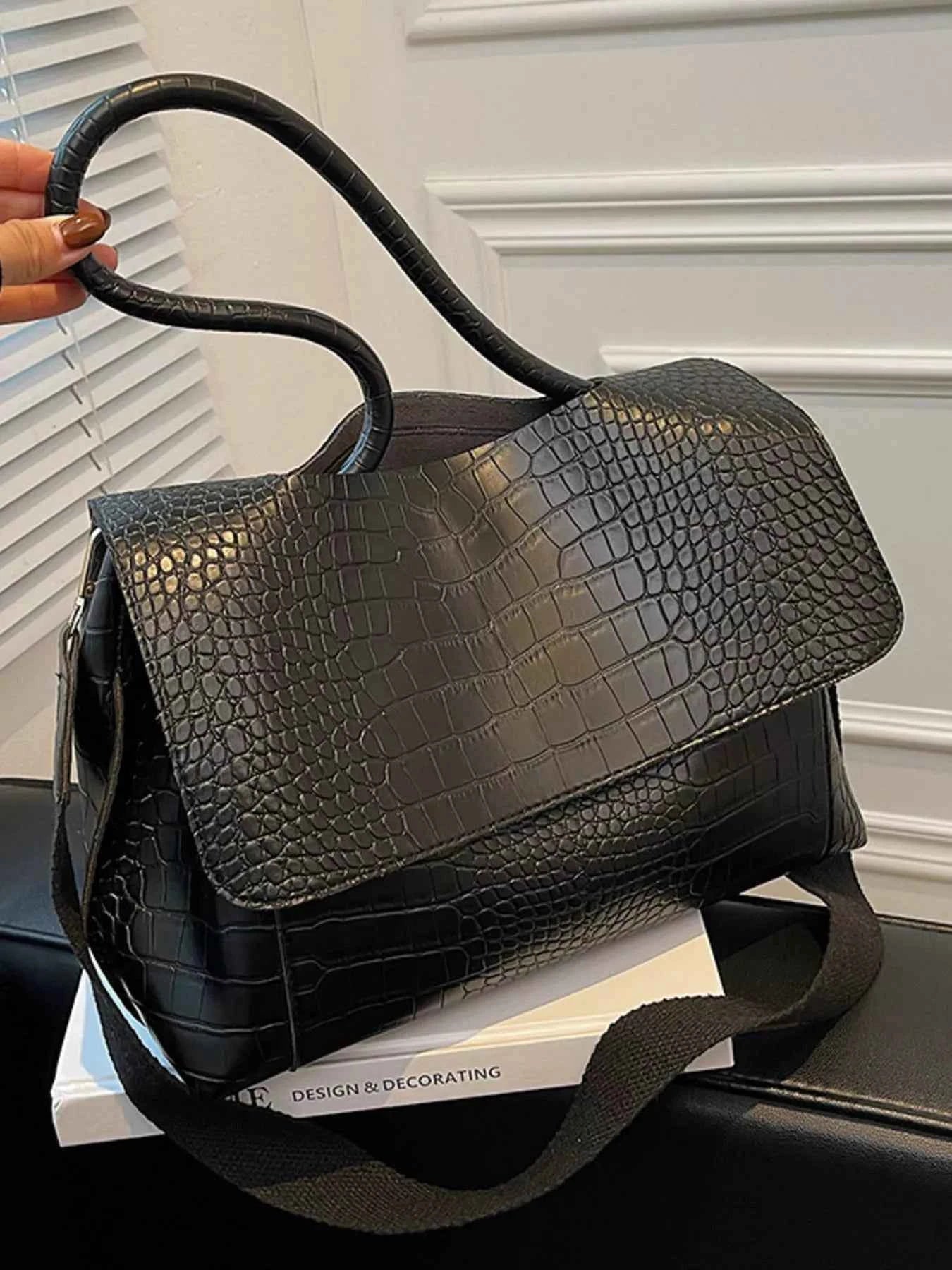 Crocodile Embossed Flap Shoulder Bag Trendsi