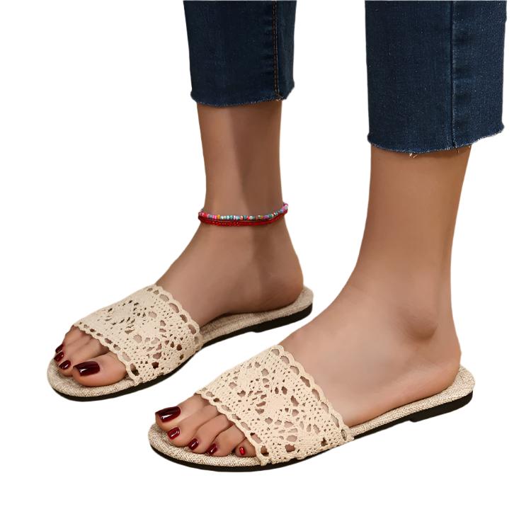 TEEK - Lace Open Toe Flat Sandals SHOES TEEK Trend Beige 36(US6) 