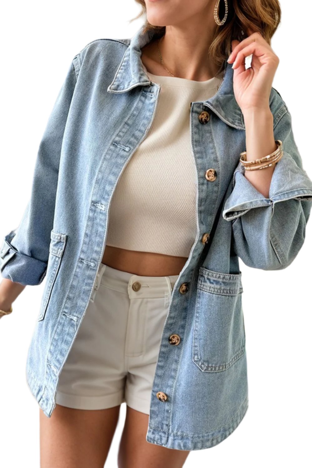 TEEK - Pocketed Button Up Long Sleeve Denim Jacket JACKET TEEK Trend S  