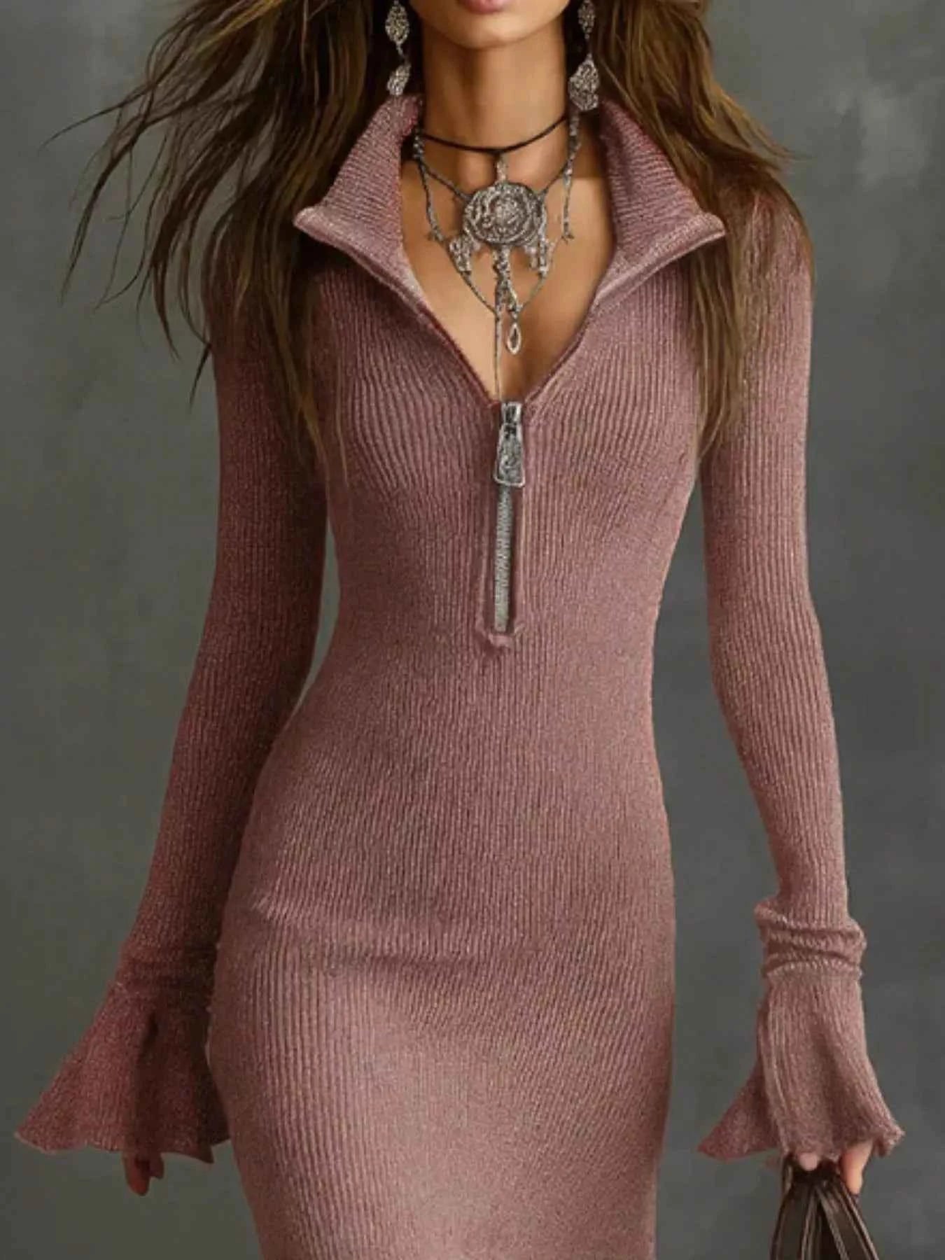 TEEK - Ribbed Knit Zip Front Flare Hem Midi Dress Trendsi