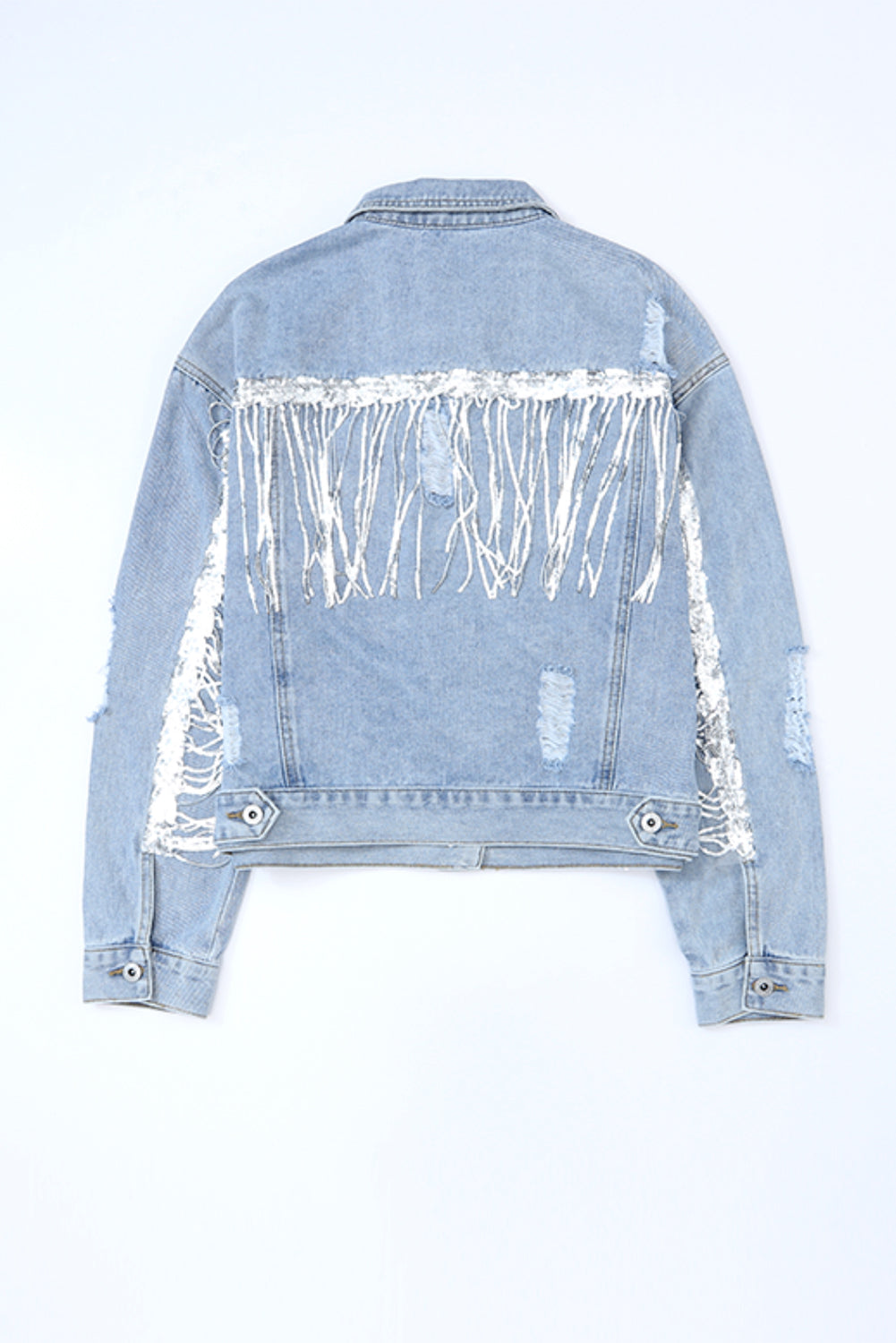 TEEK - Sequin Fringe Trim Distressed Button Up Denim Jacket JACKET TEEK Trend