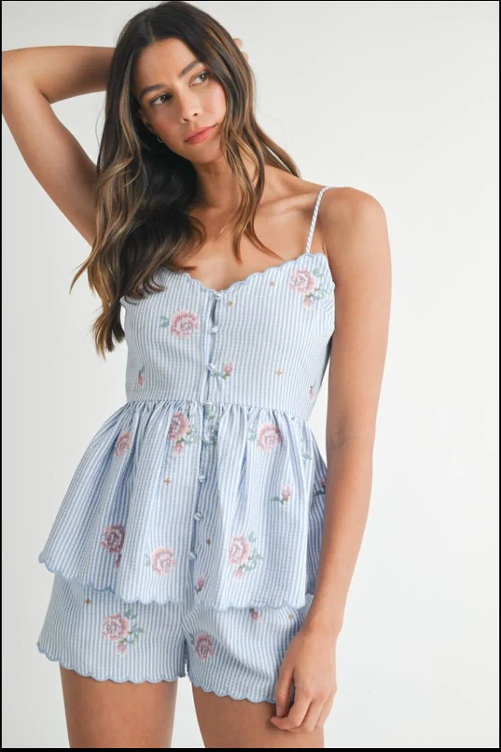 TEEK - Blue Stripe Embroidered Peplum Cami Shorts Set SET TEEK Trend