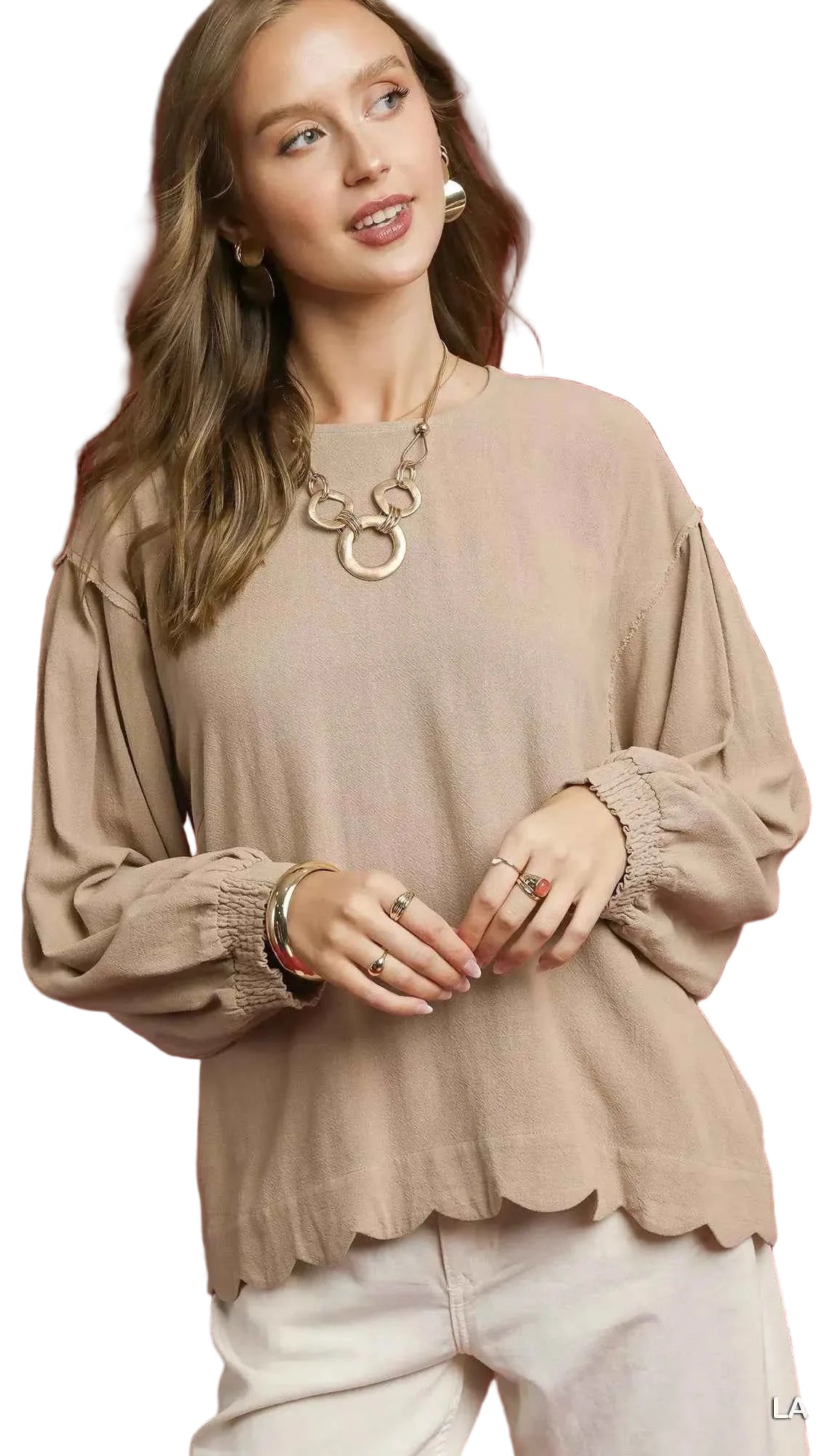 TEEK - Linen Scallop Hem Long Sleeve Blouse TOPS TEEK Trend LATTE S