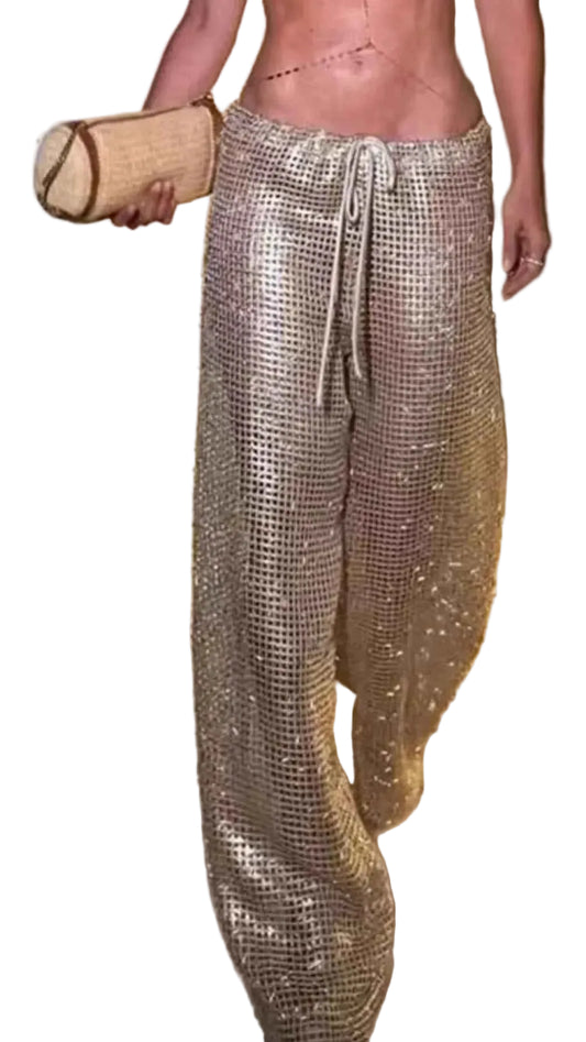 TEEK - Drawstring Mesh Wide Leg Pants PANTS TEEK Trend Gold S