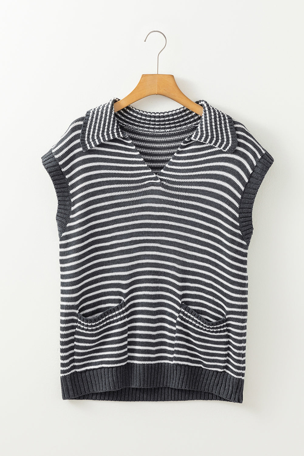 TEEK - Grey Pocketed Striped Johnny Collar Sweater Vest TOPS TEEK Trend