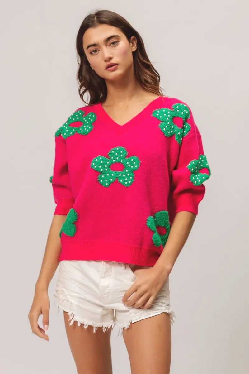 TEEK - Fuchsia Jade Pearl Beads Flowers Sweater Top TOPS TEEK Trend