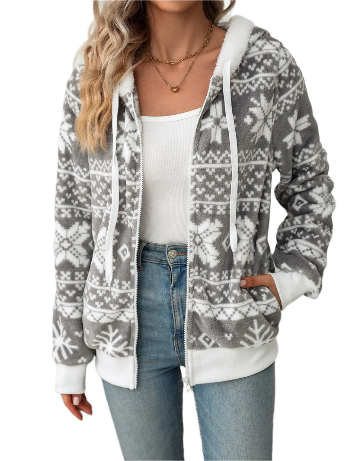 TEEK - Grey Drawstring Snowflake Zip Up Hoodie JACKET TEEK Trend