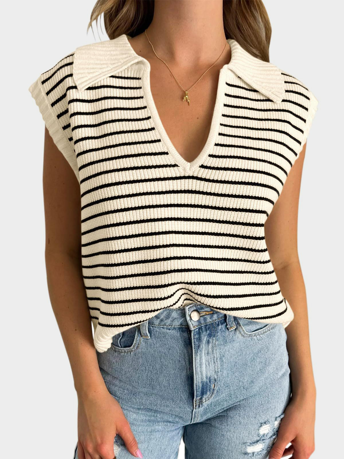 TEEK - Mandy Collared Neck Striped Sweater Vest TOPS TEEK Trend Pastel Yellow S