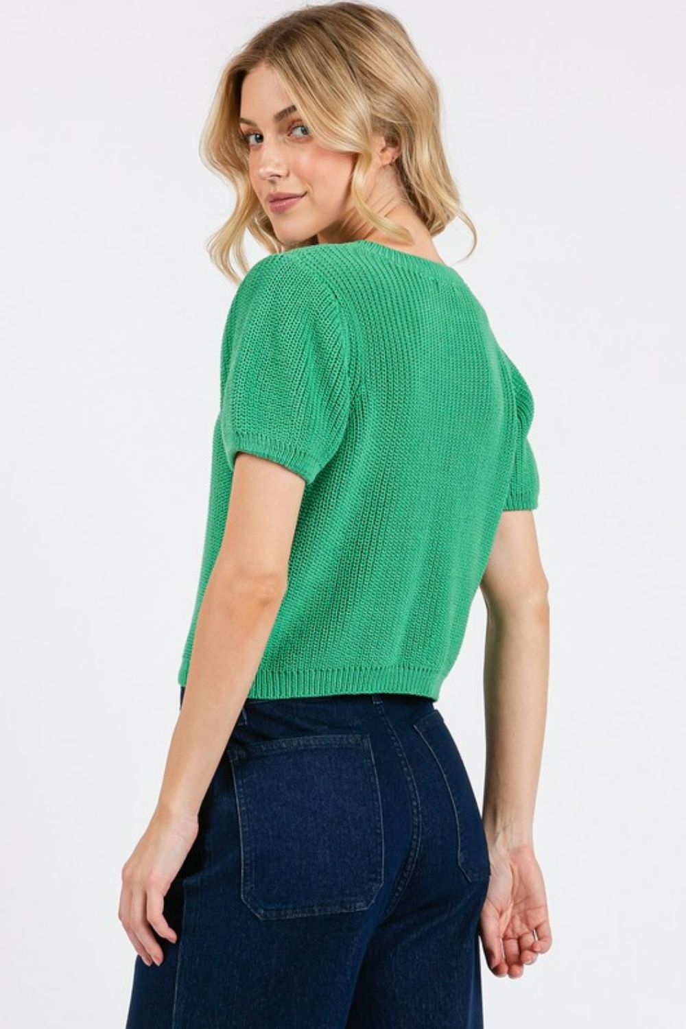 TEEK - Jade Green V-Neck Short Sleeve Crop Sweater TOPS TEEK Trend