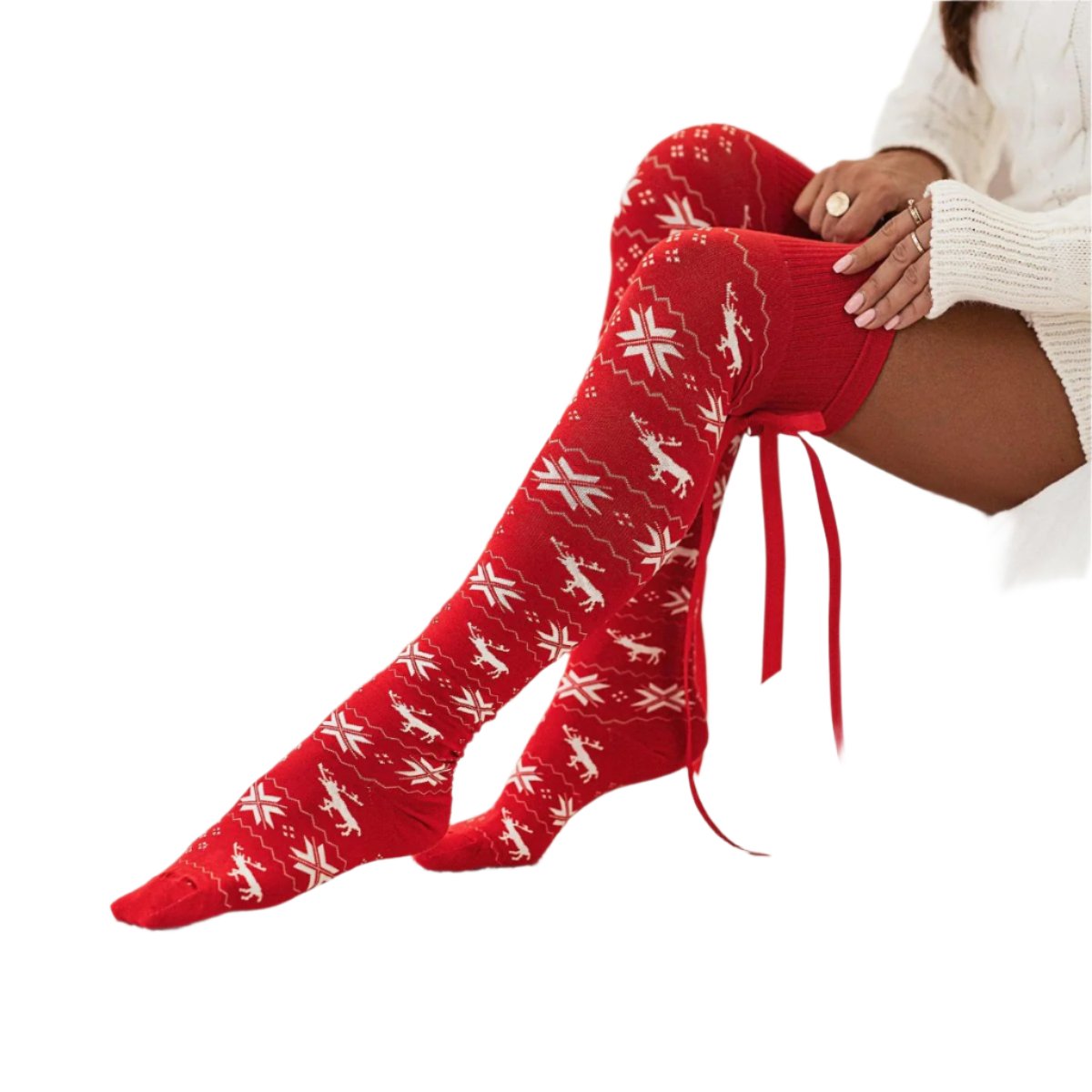 TEEK - Christmas Element Bowknot Ribbed Trim Over Knee Stockings SOCKS TEEK Trend