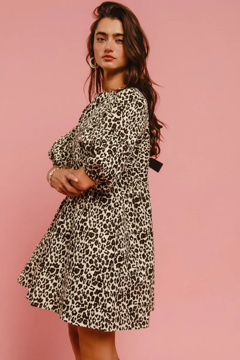 TEEK - Off White Leopard Back Contrast Tie Denim Dress DRESS TEEK Trend