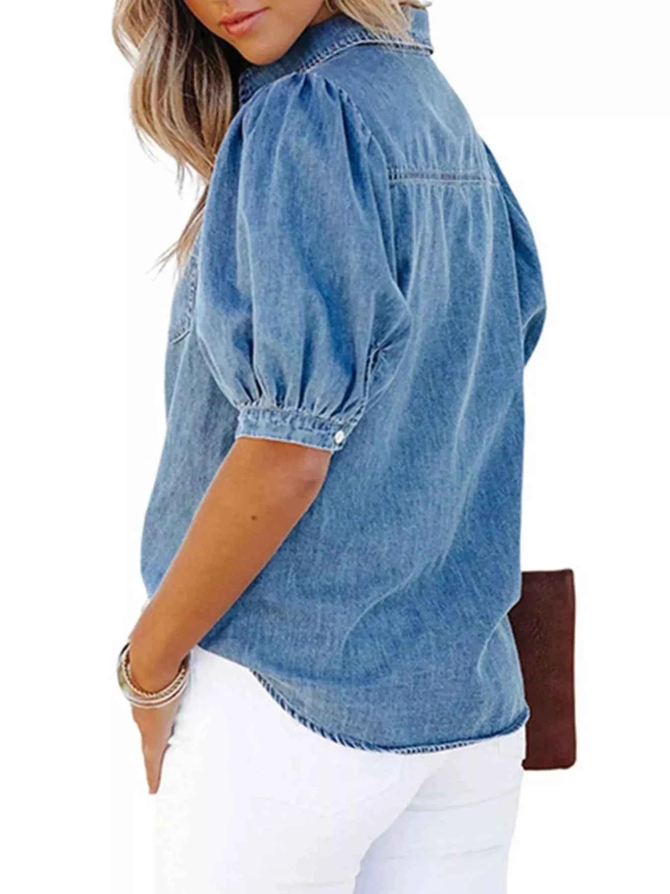 Puff Sleeve Button-Down Denim Top Trendsi