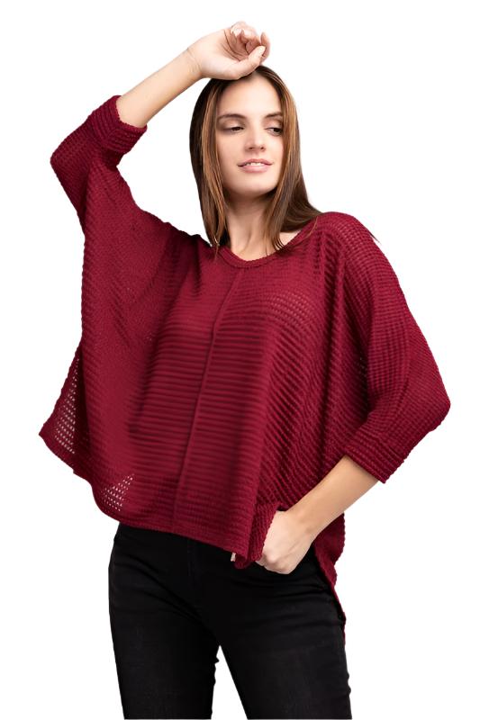 TEEK - 3/4 Sleeve V-Neck Hi-Low Hem Jacquard Sweater SWEATER TEEK FG   