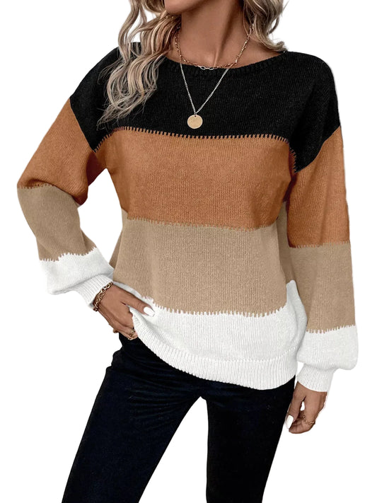 TEEK - Color Block Round Neck Knit Sweater TOPS TEEK Trend Dark Brown S