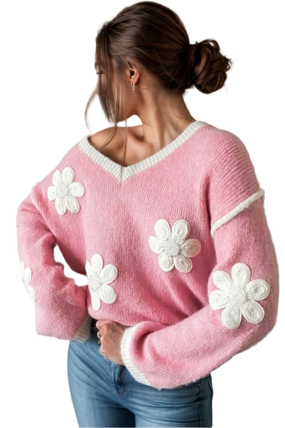 TEEK - Blush Pink Flower V-Neck Dropped Shoulder Sweater SWEATER TEEK Trend S  