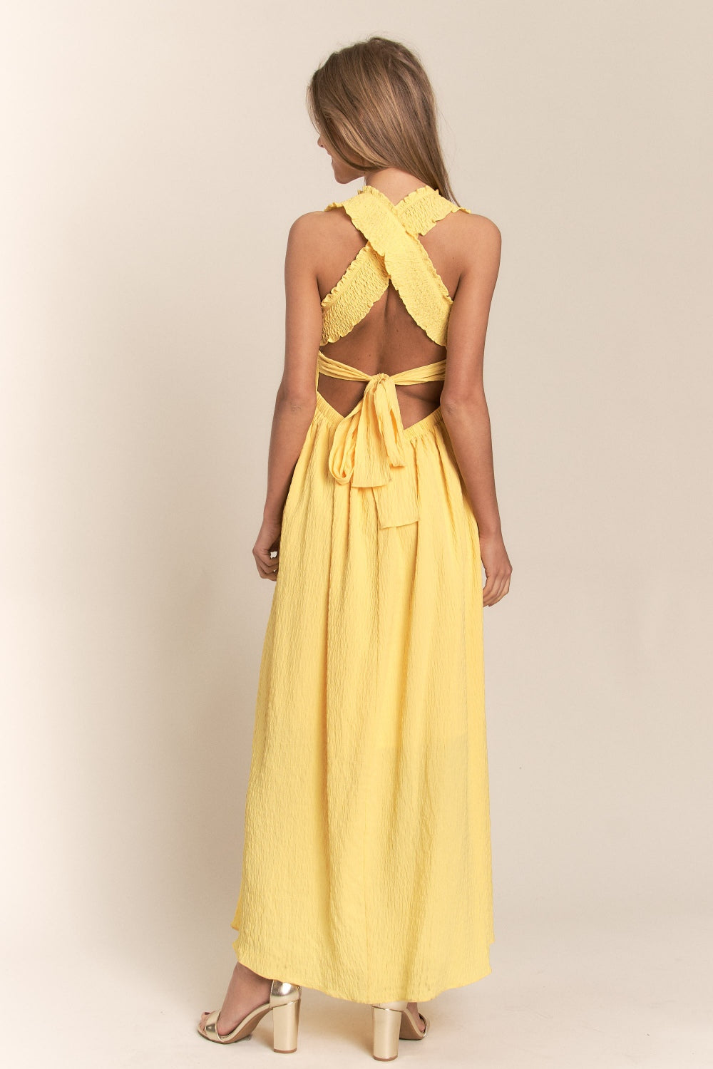TEEK - Banana Texture Crisscross Back Tie Smocked Maxi Dress DRESS TEEK Trend   