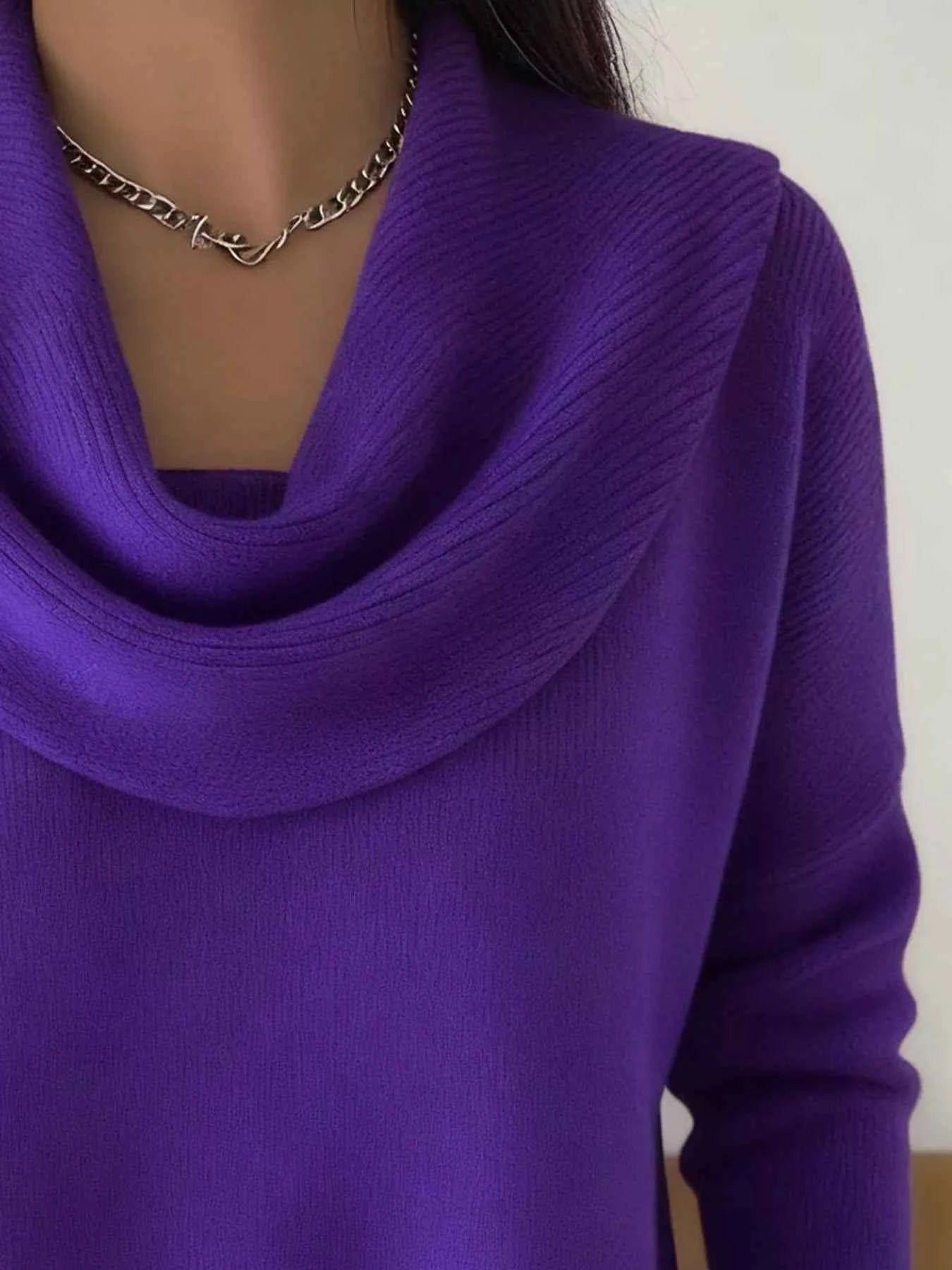Drape Neck Long Sleeve Knit Top Trendsi
