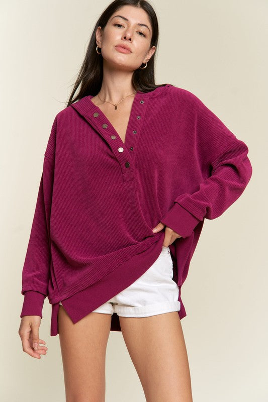 TEEK - Plus Size Button Down Ribbed Hooded Sweatshirt TOPS TEEK FG MAGENTA 1X 