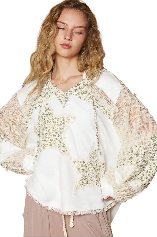 TEEK - Ivory Multi Star Patch Lace Contrast Long Sleeve Hooded Top TOPS TEEK Trend S