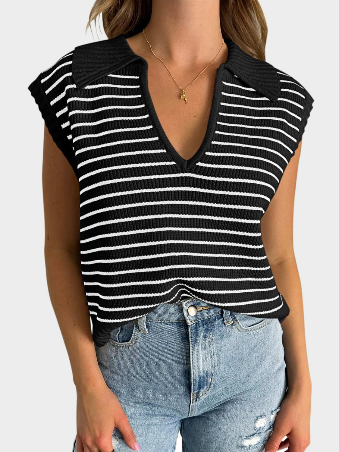 TEEK - Mandy Collared Neck Striped Sweater Vest TOPS TEEK Trend Black S