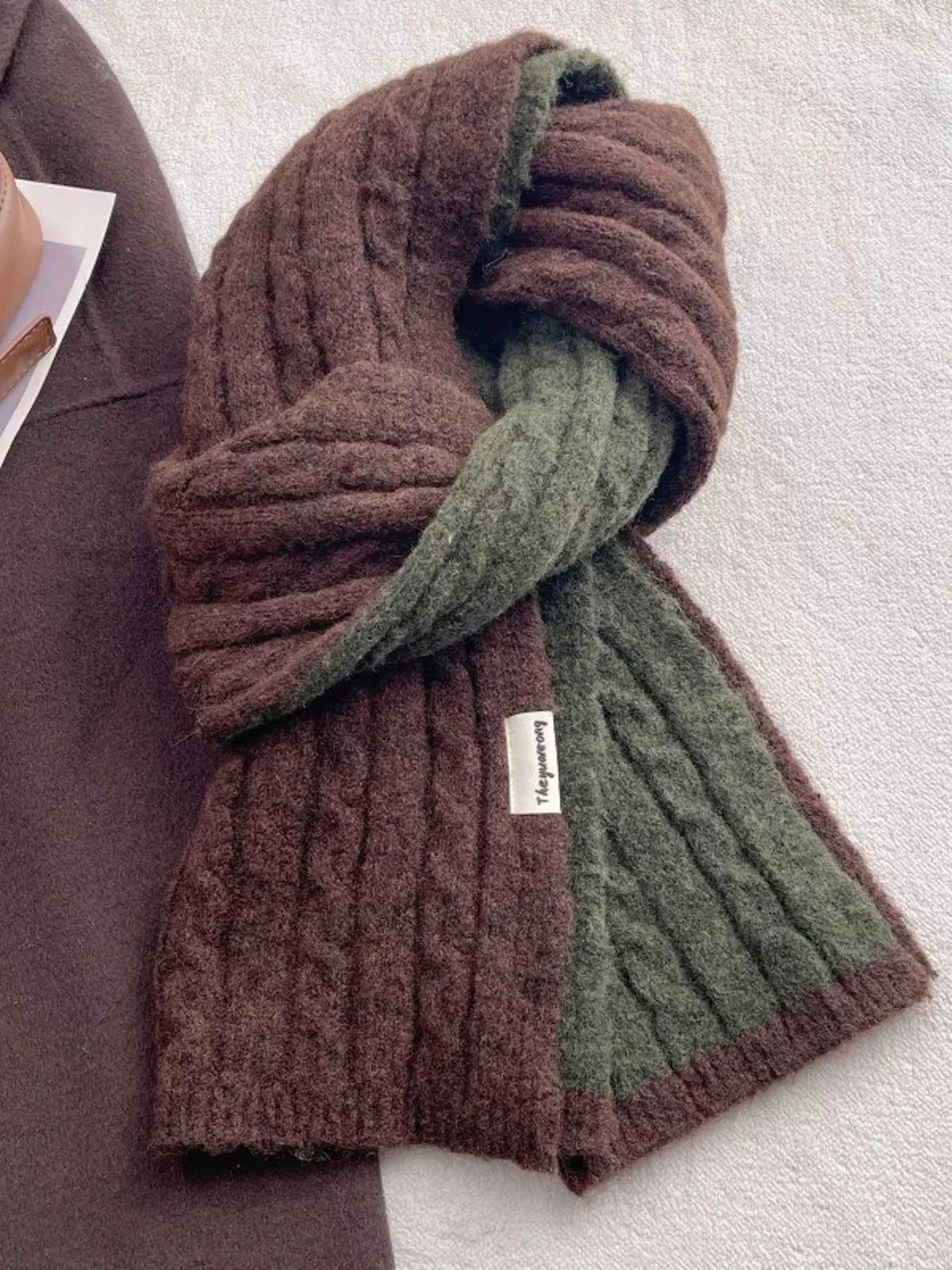 Two Tone Cable knit Warm Scarf Trendsi Caramel ONESIZE
