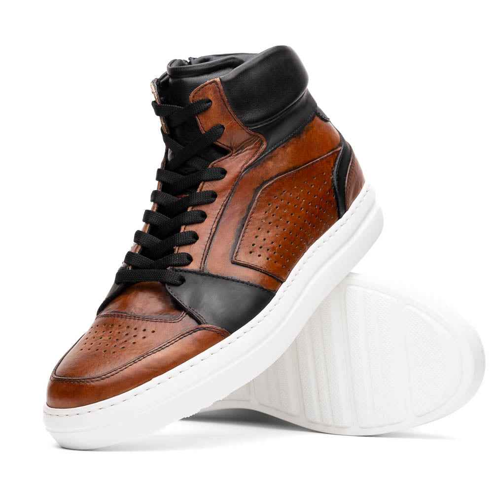 TEEK - 65-356-BRN BRAVO Italian Burnished Calfskin High Top Dress Sneaker Black / Brown SHOES TEEK ZI Cognac / Black 8.5 M