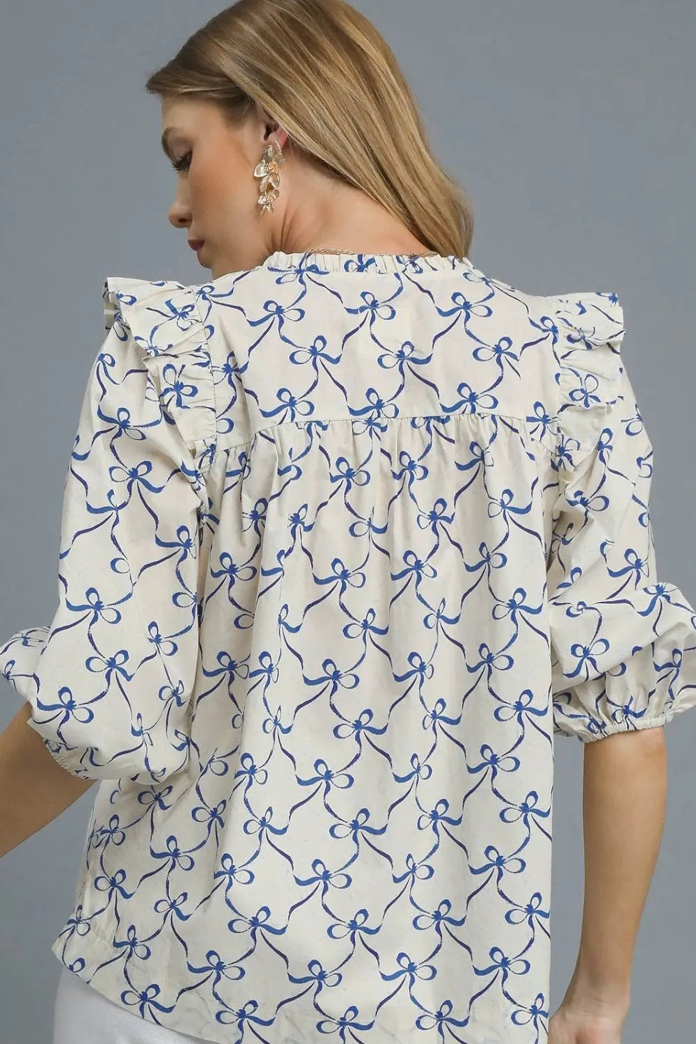 TEEK - Royal Blue Ruffled Bow Notched Blouse TOPS TEEK Trend