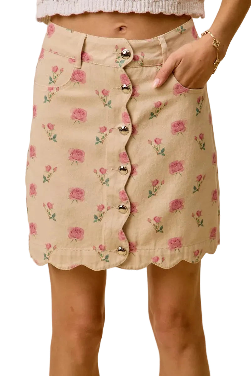 TEEK - Floral Rose Print Cotton Twill Scallop Mini Skirt SKIRT TEEK Trend IVORY/PINK S