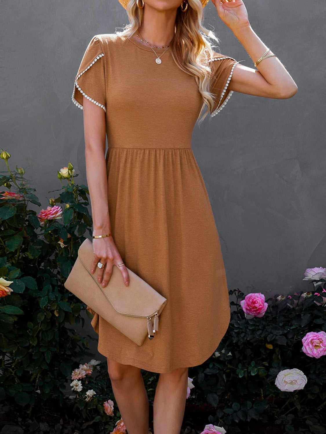 TEEK - Round Neck Petal Sleeve Dress DRESS TEEK Trend Caramel S 