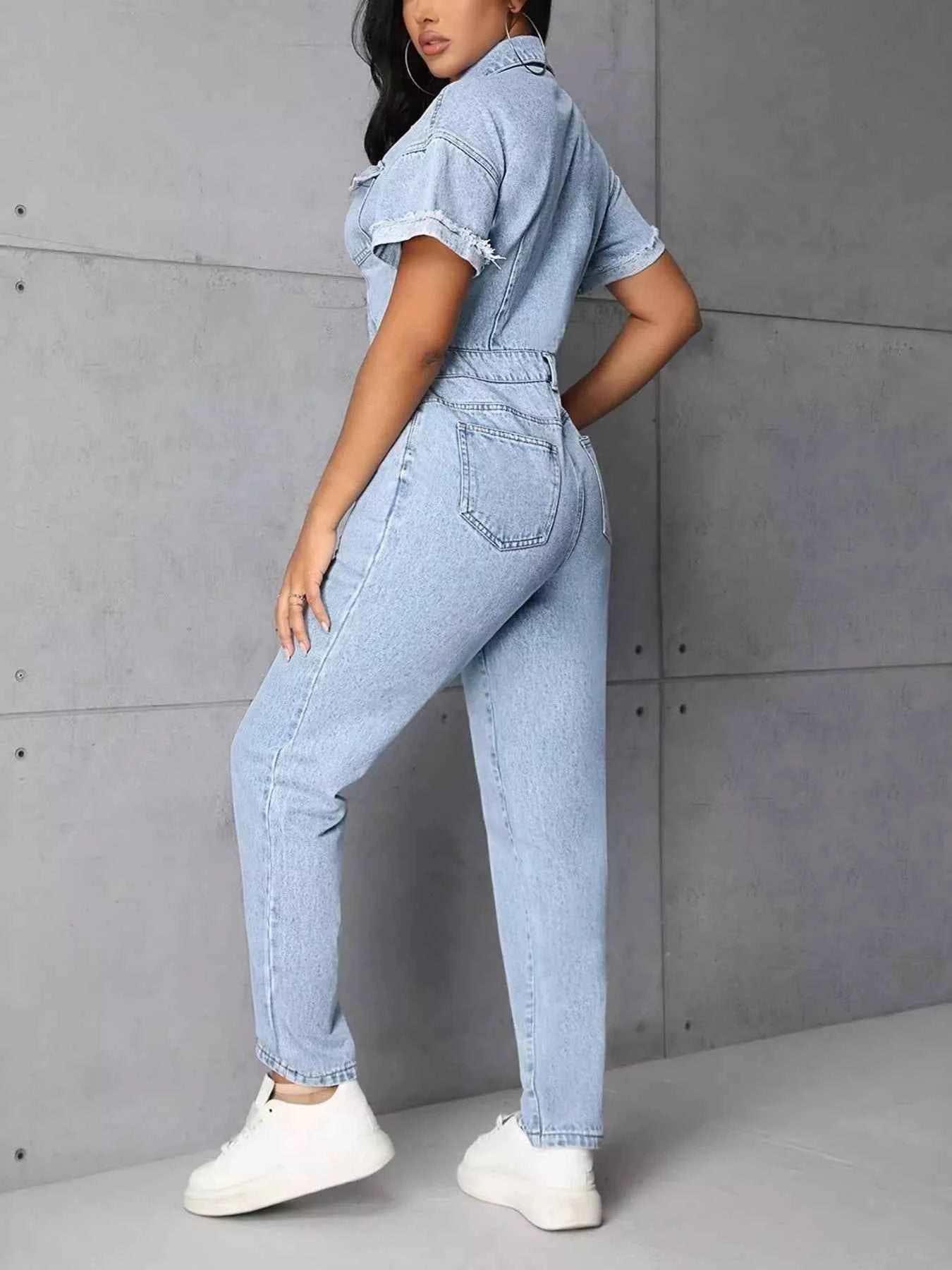 TEEK - Button Front Short Sleeve Denim Jumpsuit Trendsi