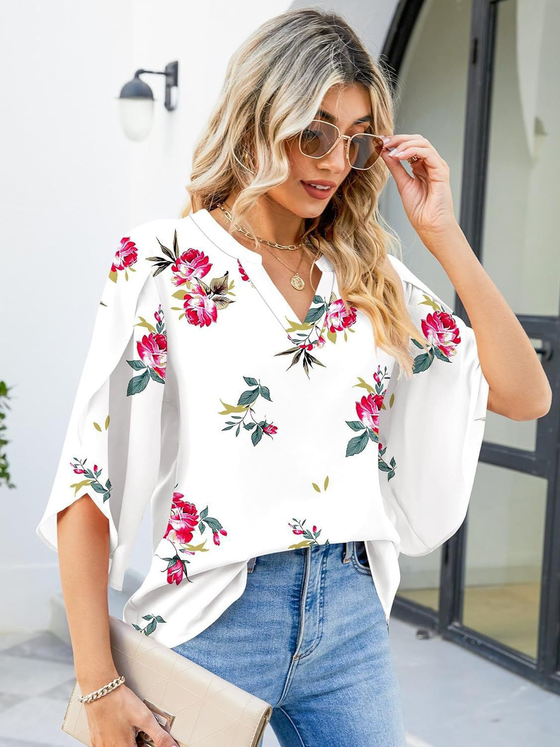 TEEK - Printed Notched Widened Half Sleeve Blouse TOPS TEEK Trend   