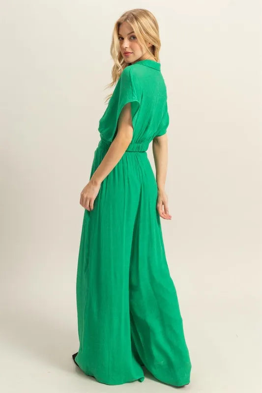 TEEK - Green Kimono Sleeve Crop Top Wide Leg Pants Set SET TEEK Trend