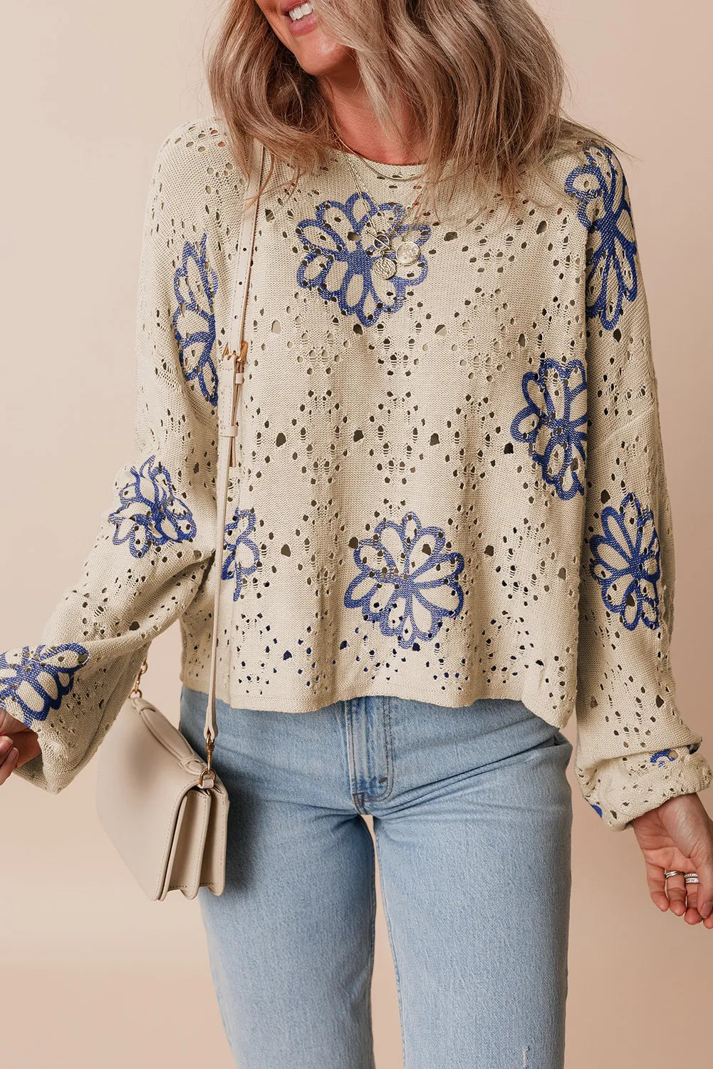 TEEK - Floral Breathable Round Neck Long Sleeve Knit Top TOPS TEEK Trend   