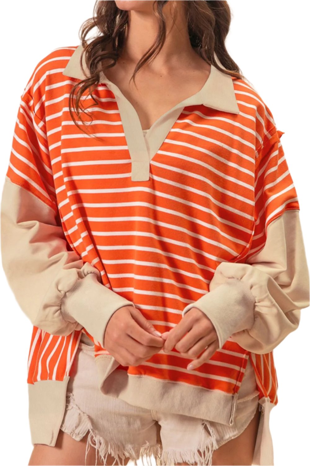 TEEK - Tangerine Striped Johnny Collar Long Sleeve Sweatshirt TOPS TEEK Trend S