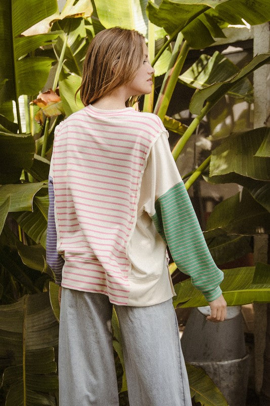 TEEK - Pink Exposed Seam Slit Striped Round Neck Shirt TOPS TEEK Trend