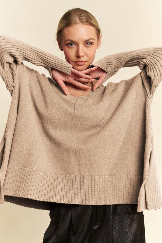TEEK - Tan Ribbed Side Slit V-Neck Sweater TOPS TEEK Trend