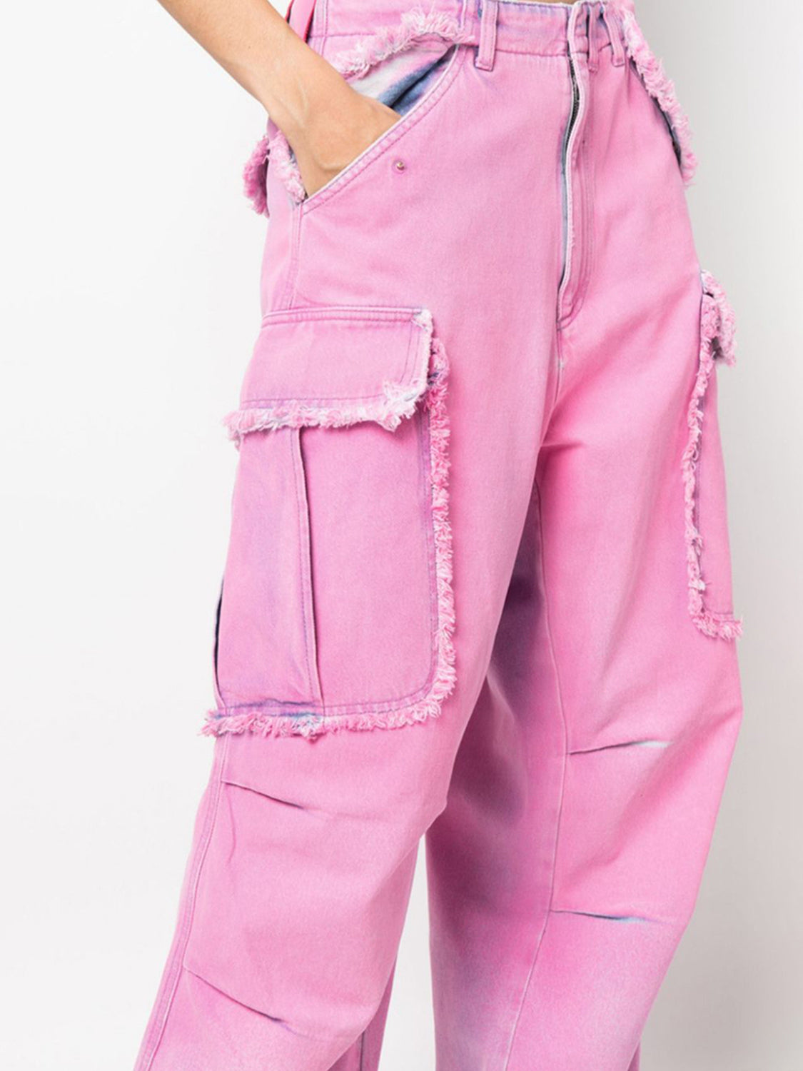 TEEK - Carnation Pink Frayed Detail Cargo Jeans JEANS TEEK Trend   
