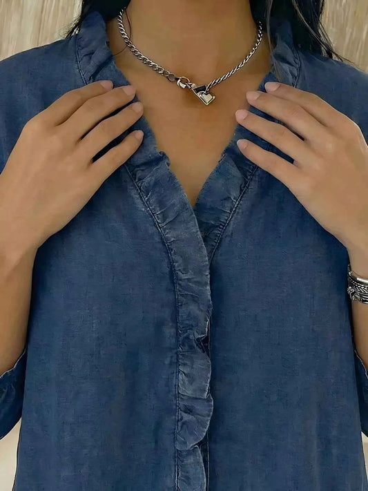 TEEK - Full Size V-Neck Ruffled Button Down Shirt Plus Size TOPS TEEK Trend