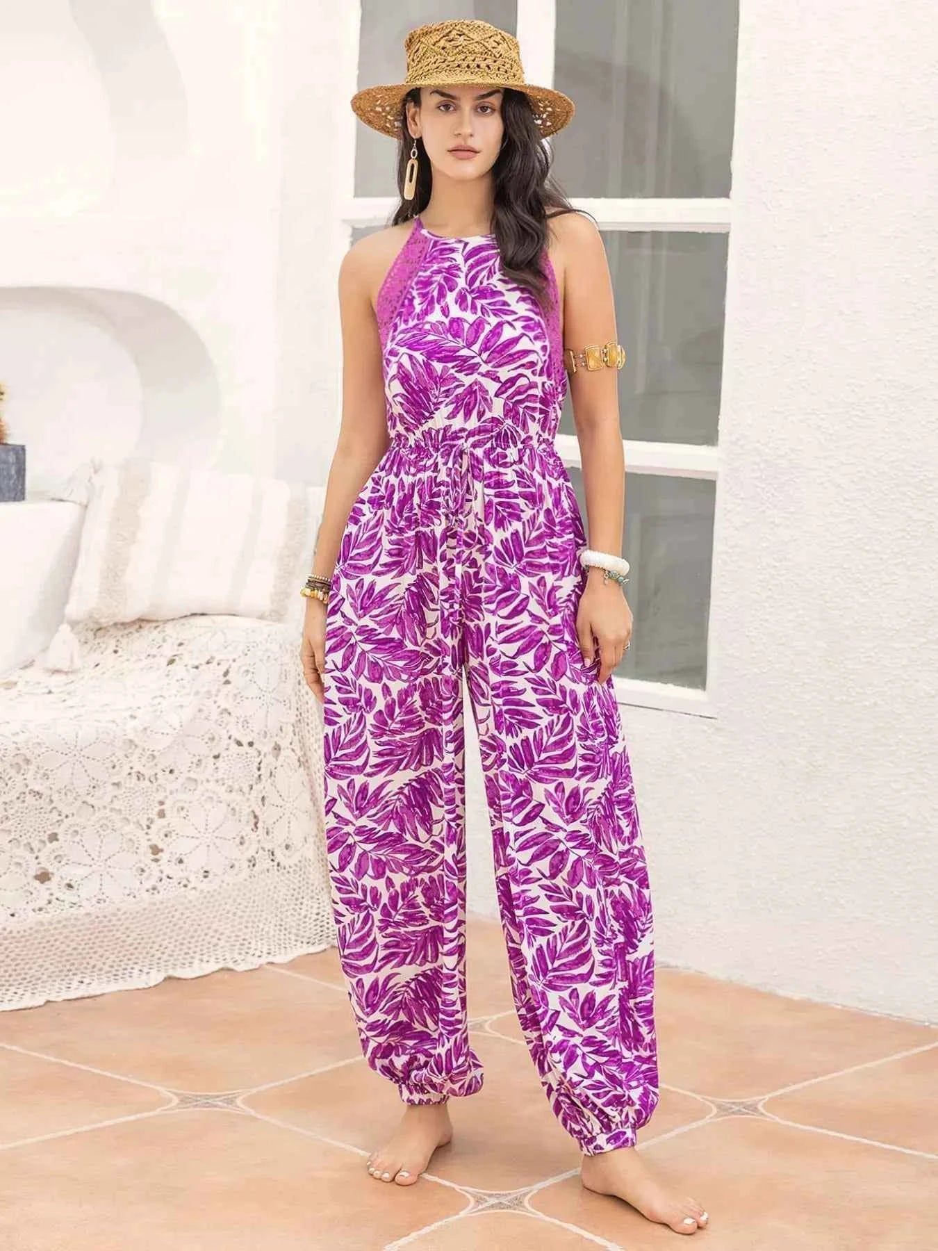 TEEK - Leaf Print Sleeveless Jumpsuit Trendsi