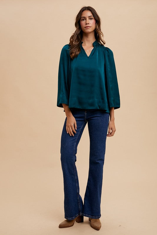 TEEK - Deep Teal Satin Notched Three-Quarter Sleeve Blouse TOPS TEEK Trend