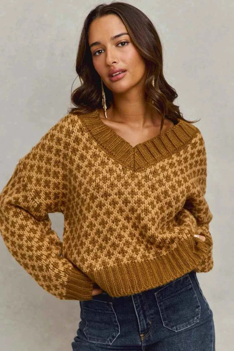 TEEK - Color Block Textured Sweater V-Neck Top TOPS TEEK Trend