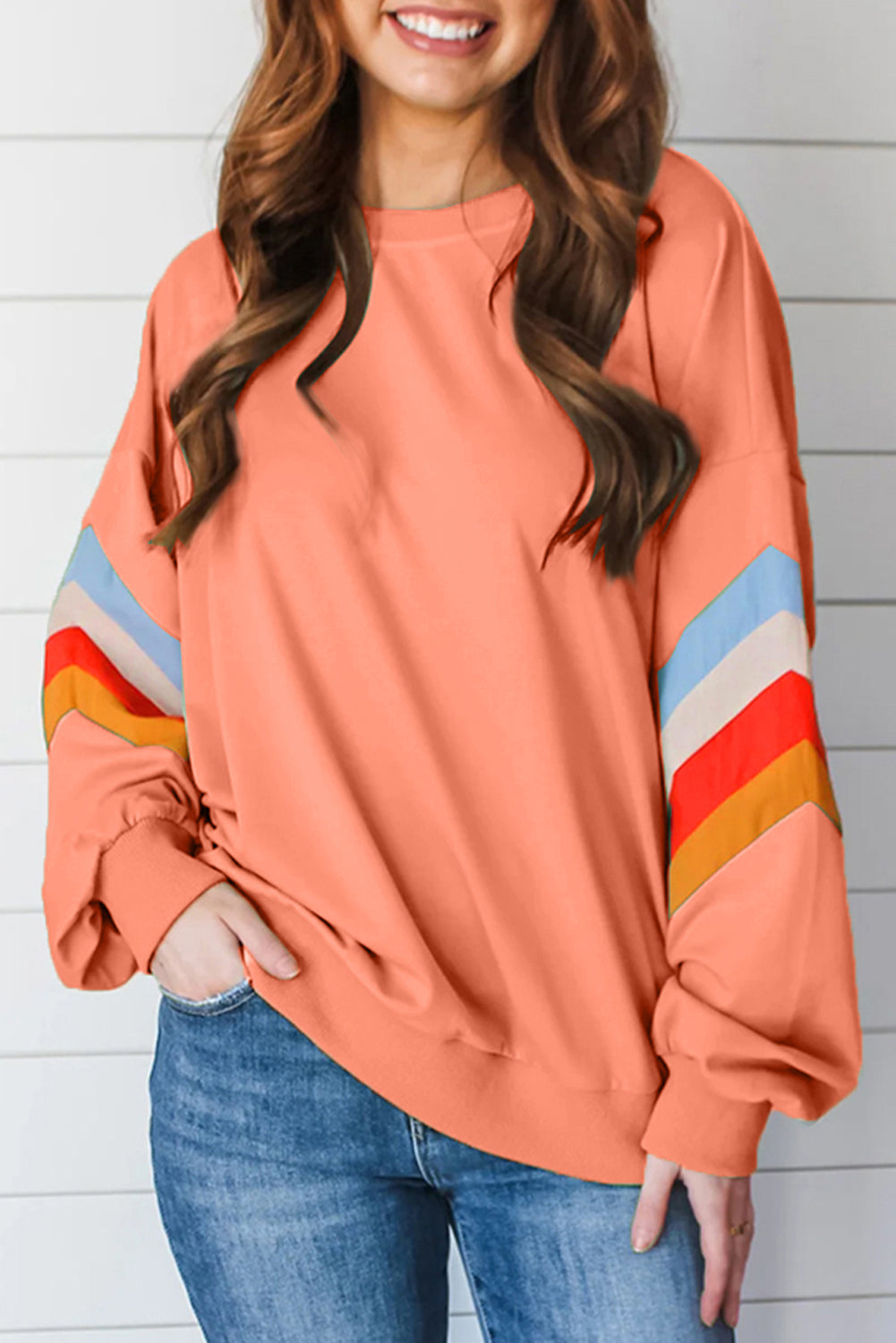 TEEK - Contrast Round Neck Long Sleeve Sweatshirt TOPS TEEK Trend Sherbet S