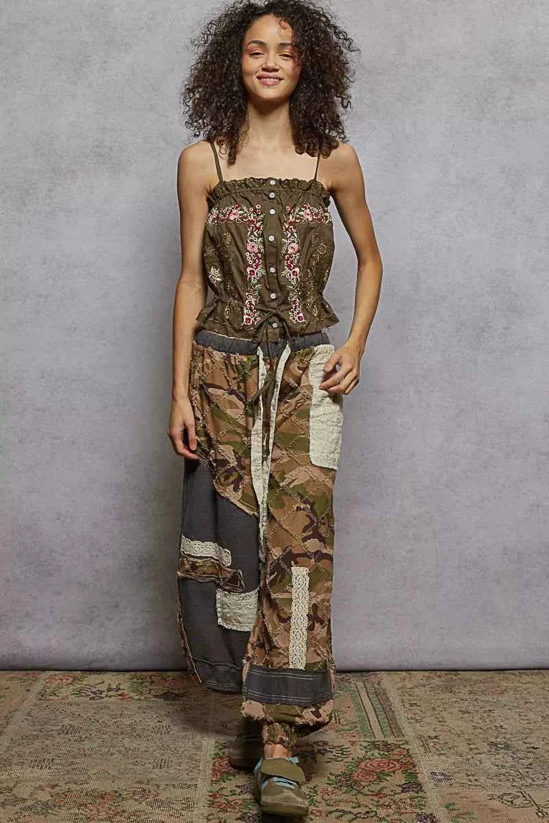 POL Button Down Floral Embroidered Cropped Cami with Lace Detail Trendsi