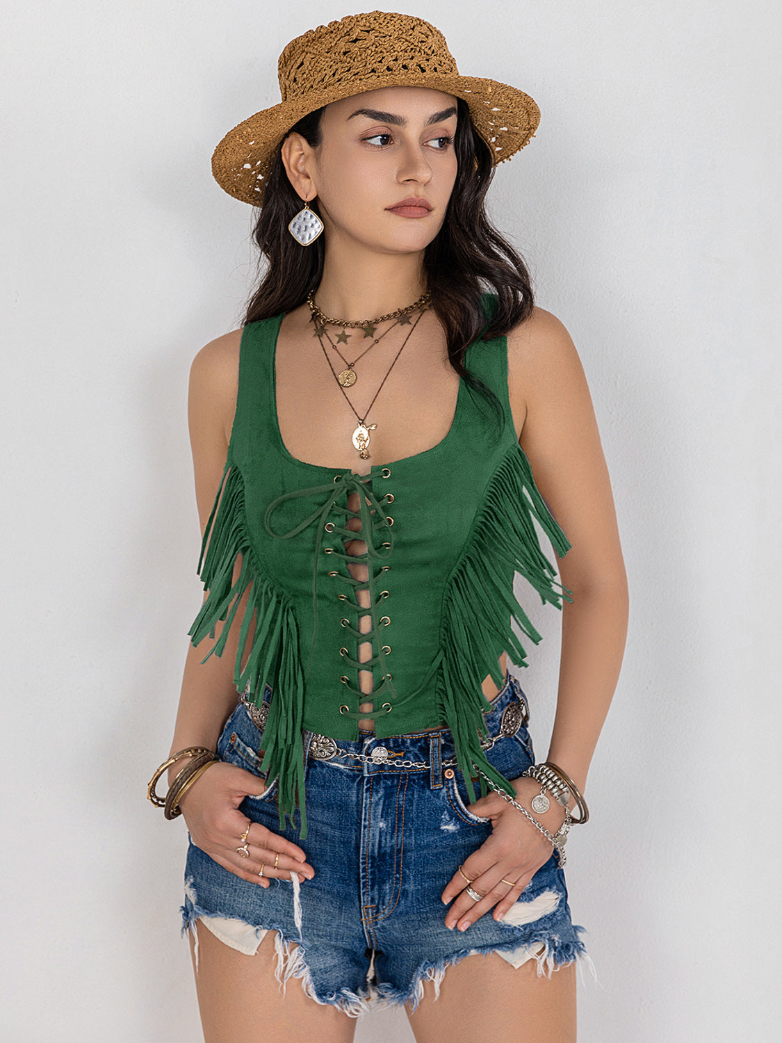 TEEK - Dark Green Fringe Lace-Up Wide Strap Tank TOPS TEEK Trend   