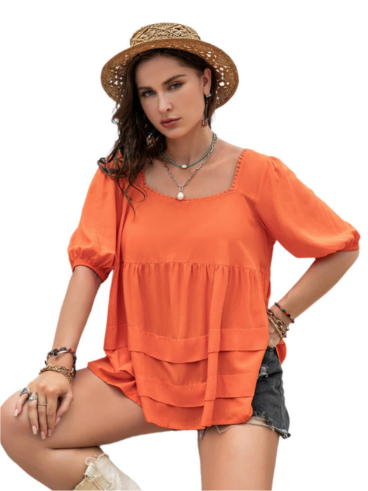 TEEK - Plus Size Square Neck Half Sleeve Blouse TOPS TEEK Trend Orange L 