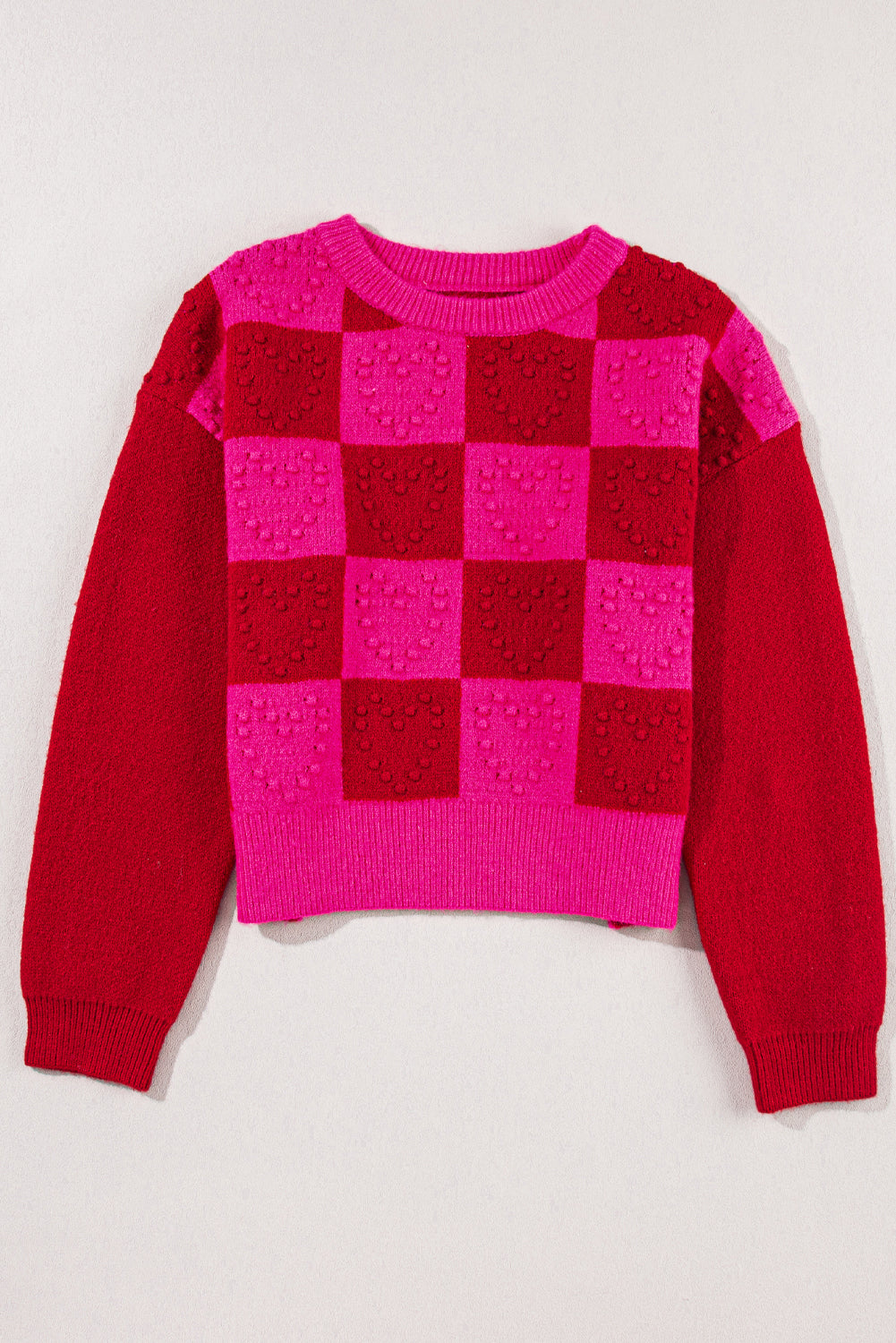 TEEK - Deep Red Checkered Round Neck Dropped Shoulder Sweater TOPS TEEK Trend