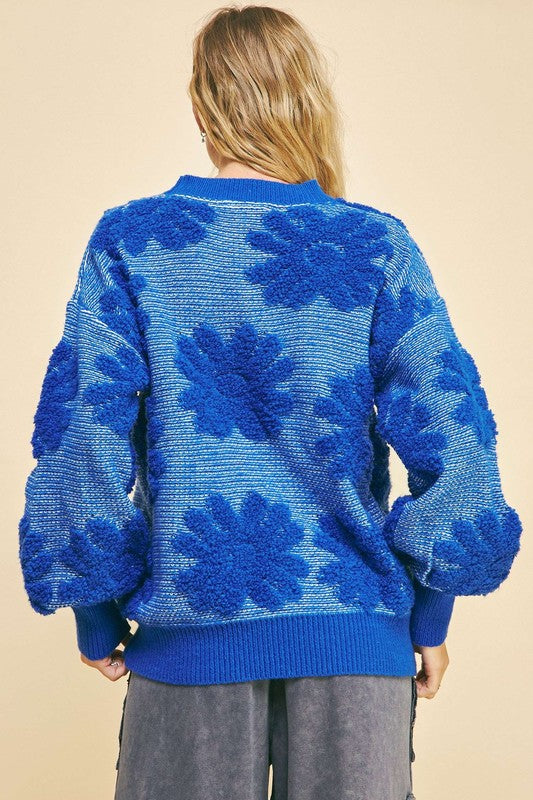 TEEK - Blue Flower Texture Dropped Shoulder Sweater SWEATER TEEK Trend