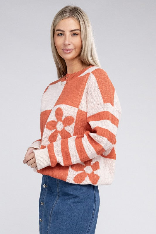 TEEK - Orange Floral Block Drop Shoulder Sweater SWEATER TEEK FG M  